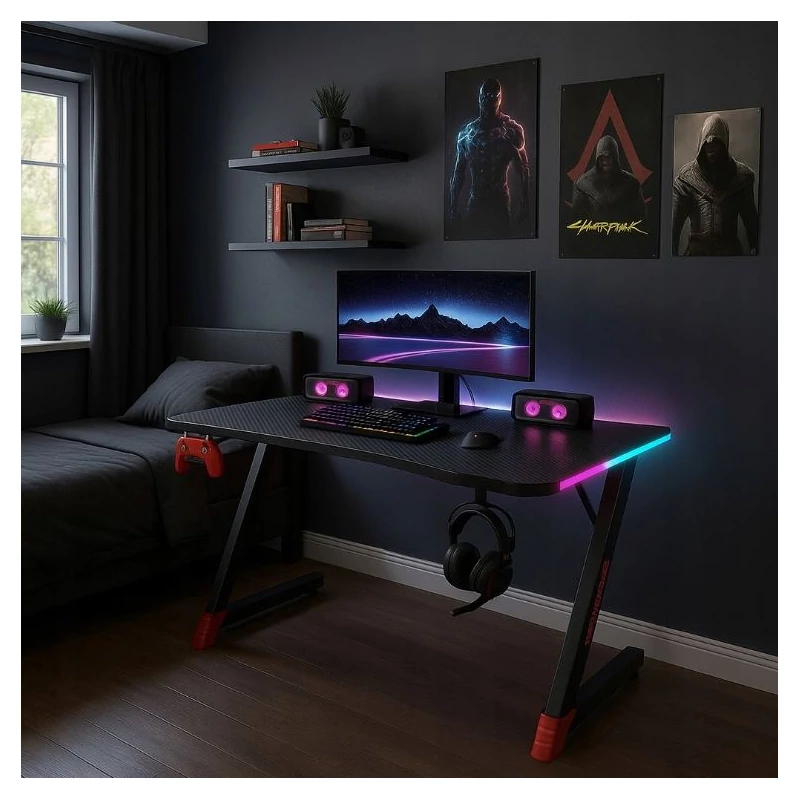 Gamer asztal LED Világítással 120 cm - Fekete