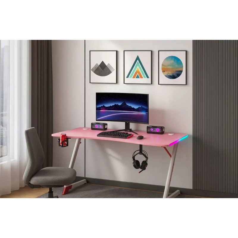 Gamer asztal LED Világítással 120 cm - Rózsaszín