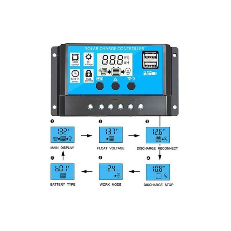 Napelem töltésszabályzó LCD kijelzővel 12V 24V 10A